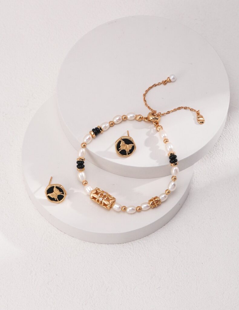 925 sterling silver gold-plated butterfly design black onyx stud earrings