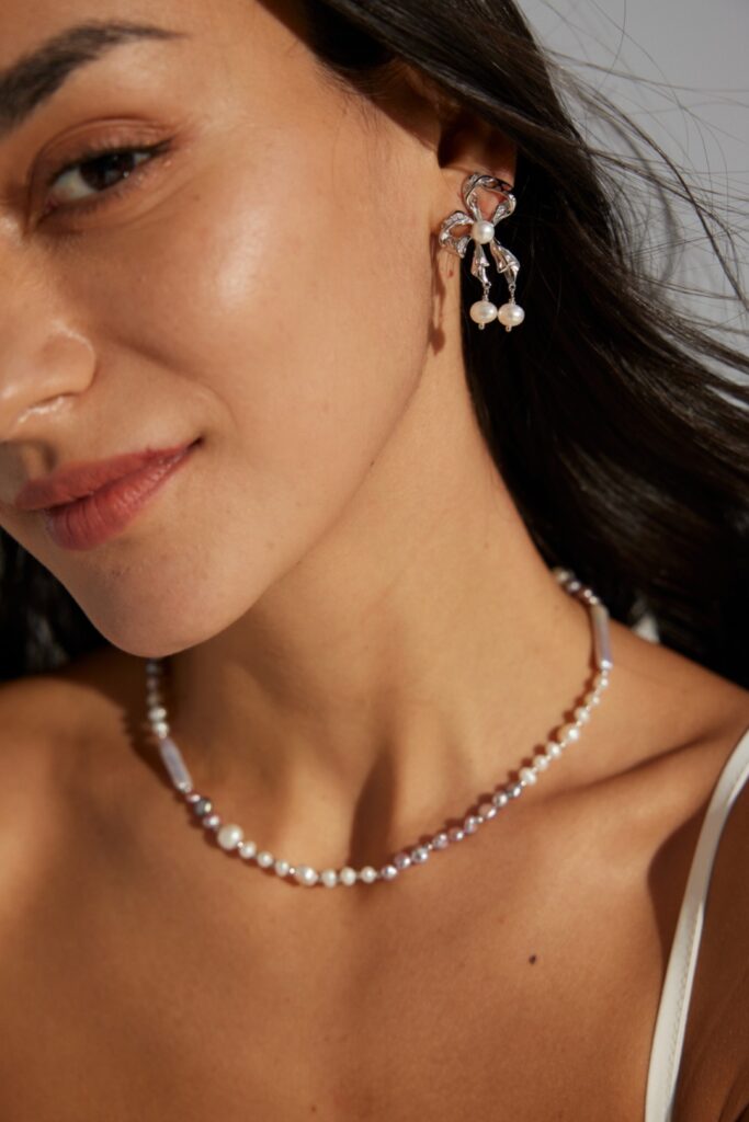 natural pearl sterling silver bowknot earrings